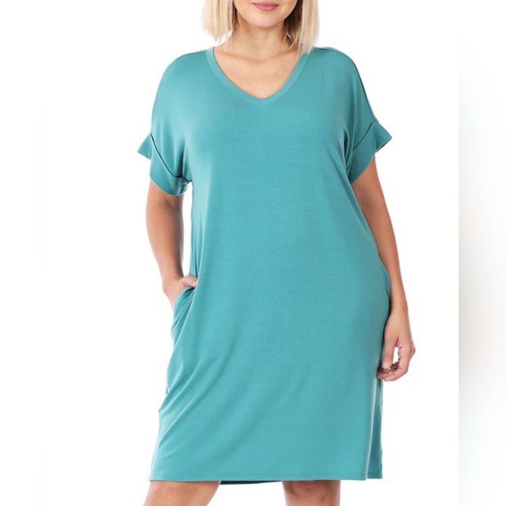 Zenana Plus Teal V-Neck Rolled Short Sleeve Dress with Pockets